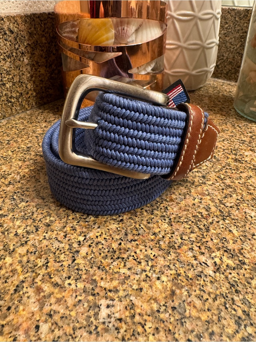 Men's Brighton Woven Stretch Belt in Blueโ with Brown Leather Trim 42